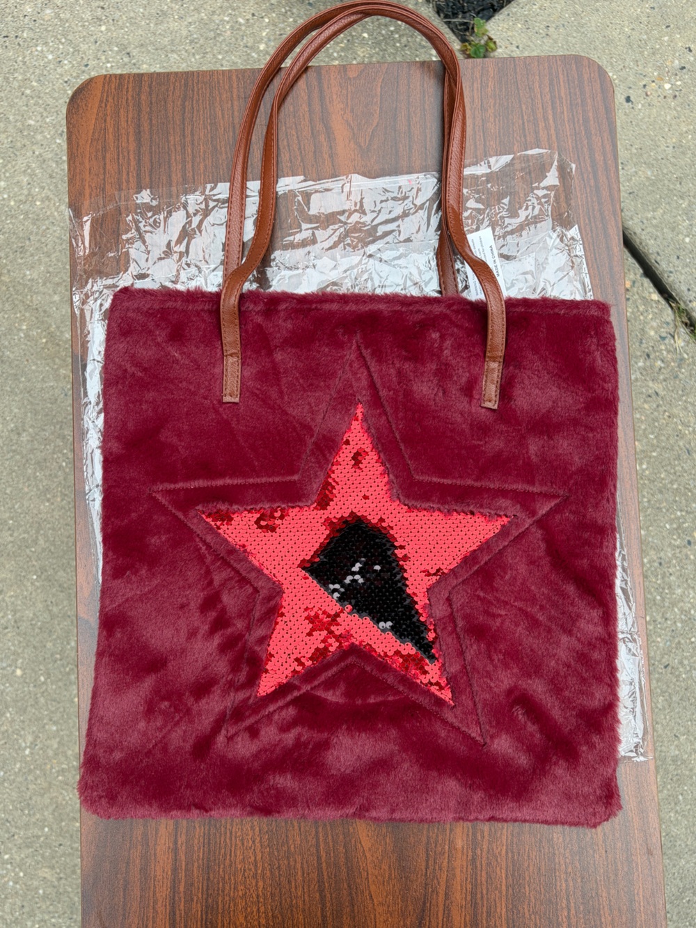 Burgundy Faux Fur Tote Bag Reversible Sequin Star Shoulder Purse New